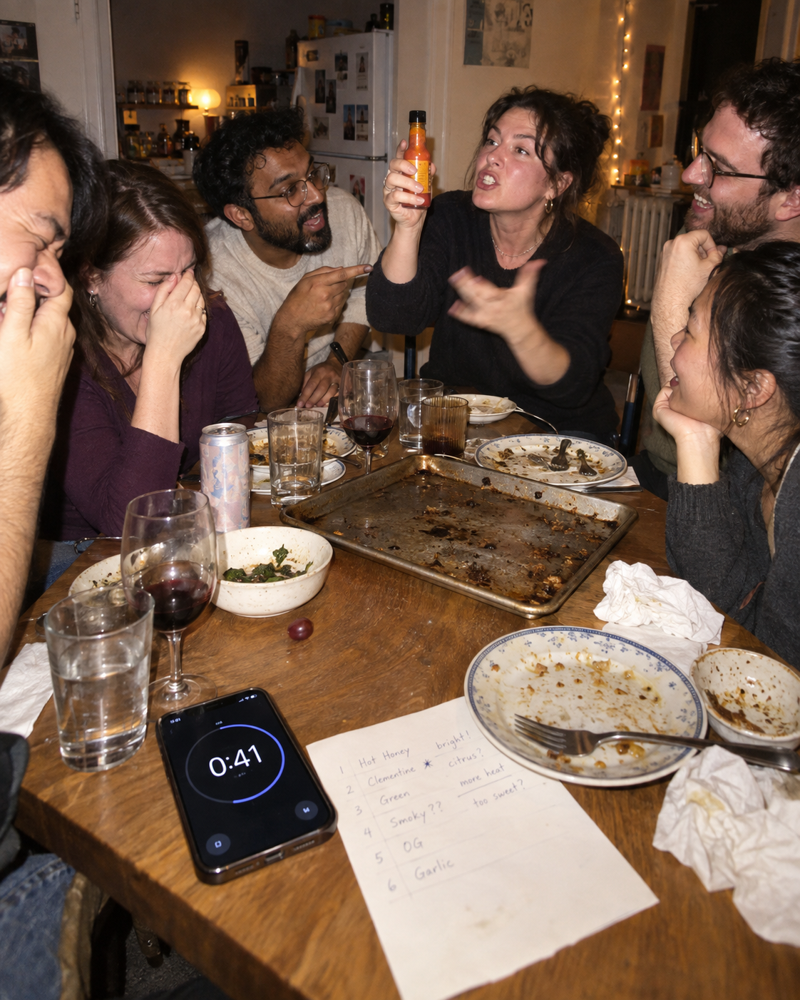Six friends around a cluttered table mid-laugh, comparing hot sauces with a handwritten tasting list in the foreground